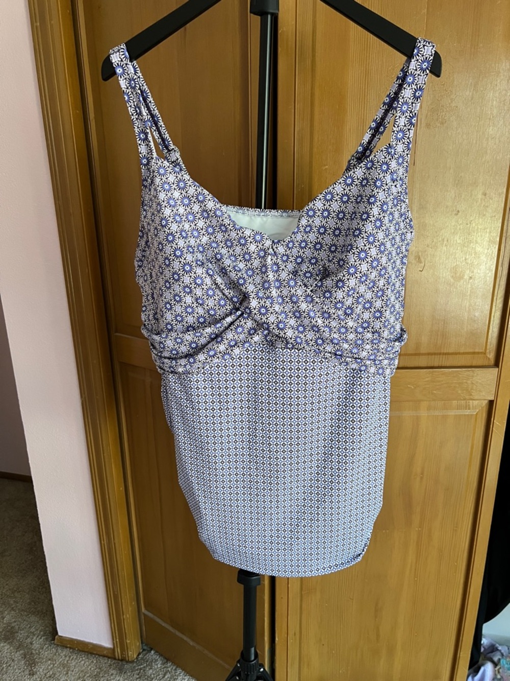 Lands' End Navy, Violet, and White Floral Twist-Front Swim Tank